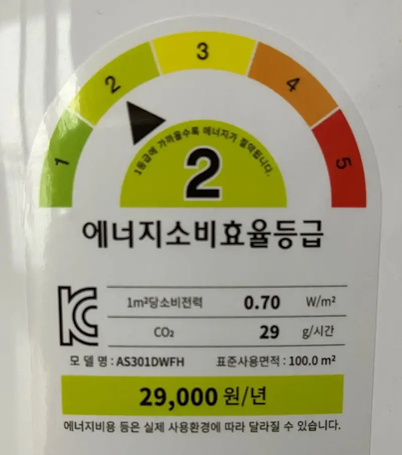 LG 퓨리케어 360도 공기청정기의 에너지 소비 효율 등급 표시 이미지