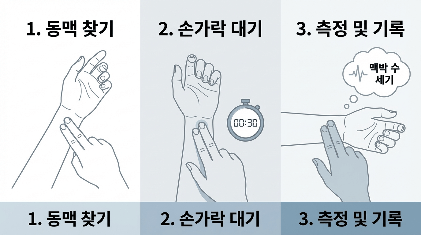 손목 요골동맥에서 맥박을 재는 방법을 단계별로 보여주는 일러스트