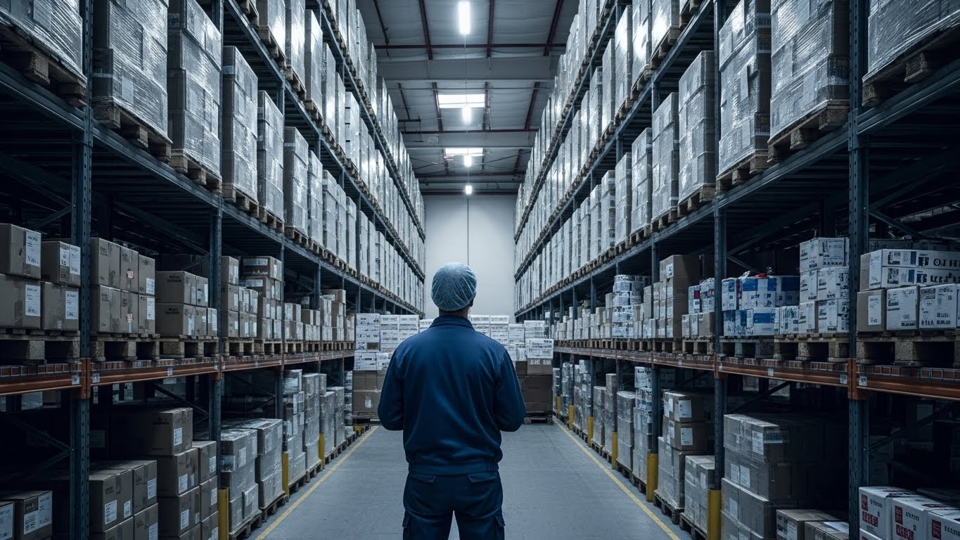 Warehouse stacked to the ceiling with inventory boxes, and the back view of a factory manager looking worried in front of them. Cold tone lighting.