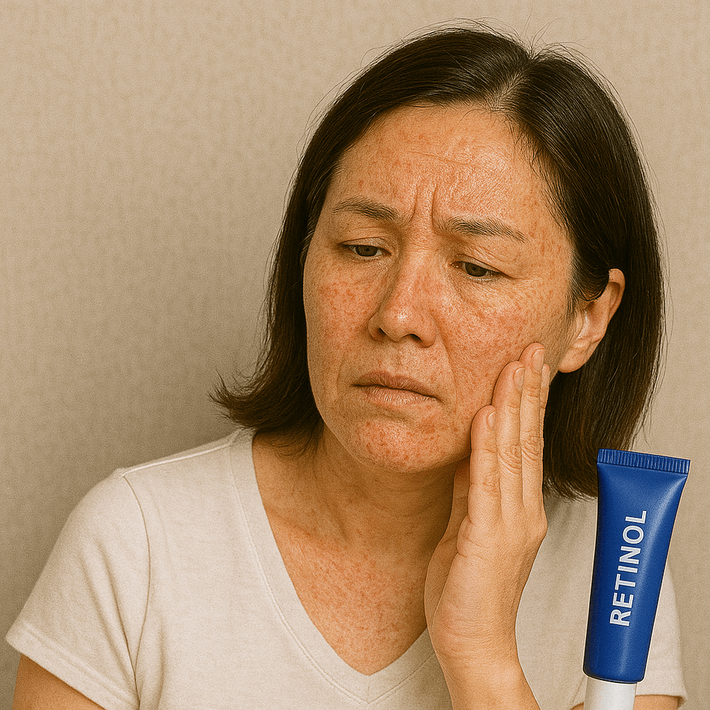 레티놀 화장품 사용하고 부작용으로 피부가 붉어지고 따가운 여성의 모습