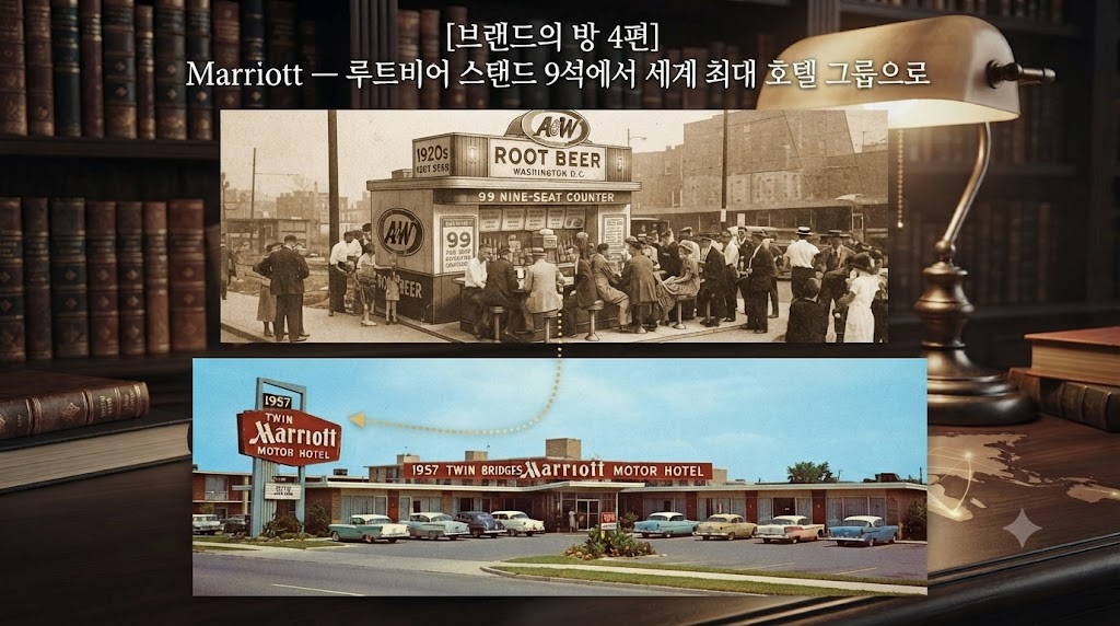 시간의 흐름을 보여주는 합성 이미지입니다. 화면 상단에는 1927년 워싱턴 D.C.의 무더운 여름, J. 윌라드 메리어트가 아내와 함께 운영하던 9석짜리 소박한 루트비어 스탠드(흑백 사진)가 보입니다. 이 스탠드에서 시작된 금빛 실루엣이 하단으로 이어지며, 1957년에 개장한 현대적인 'Twin Bridges Marriott Motor Hotel'의 컬러 실사 이미지로 변모합니다. 자동차 여행 시대의 도래를 정확히 겨냥한 메리어트의 첫 호텔을 시각화했습니다.