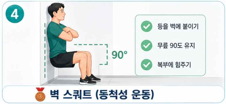 벽에 등을 기대고 무릎을 90도로 구부린 채 자세를 유지하는 벽 스쿼트