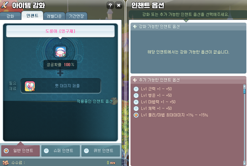 도롱이 펫 인챈트 화면