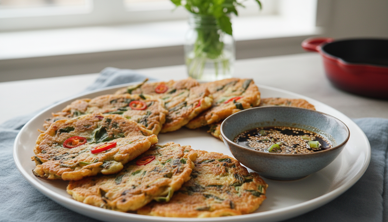 노릇하게 구워진 열무두부전이 하얀 접시에 담겨 있고, 옆에는 양념장이 놓여 있는 appetizing한 모습
