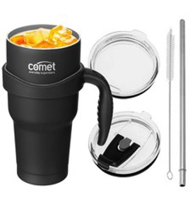 코멧 진공 스테인리스 텀블러 + 손잡이 + 빨대뚜껑 + 빨대 + 빨대솔&#44; 블랙&#44; 900ml