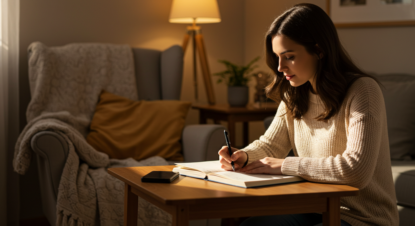 건강 증상일지를 작성하는 여성, 자가 관리를 위한 따뜻하고 편안한 분위기