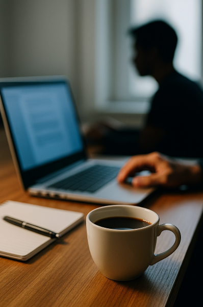 커피 한 잔과 집중하는 작업 환경이 담긴 사진