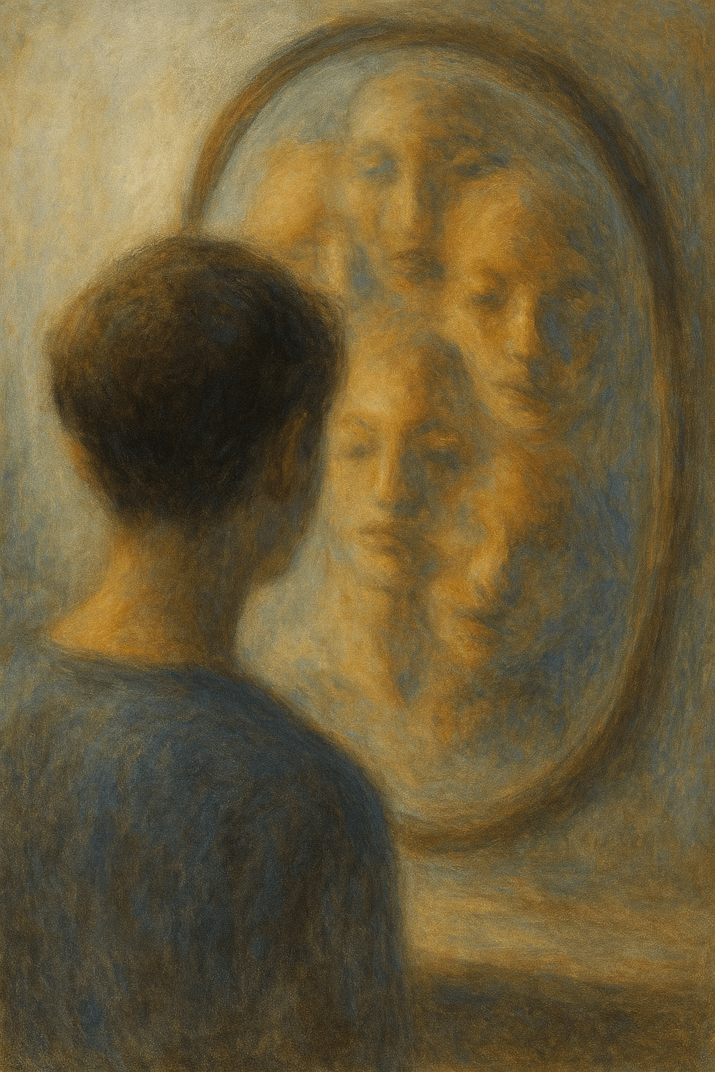 alt: 거울 속 다양한 얼굴을 보는 인물의 초현실적 이미지