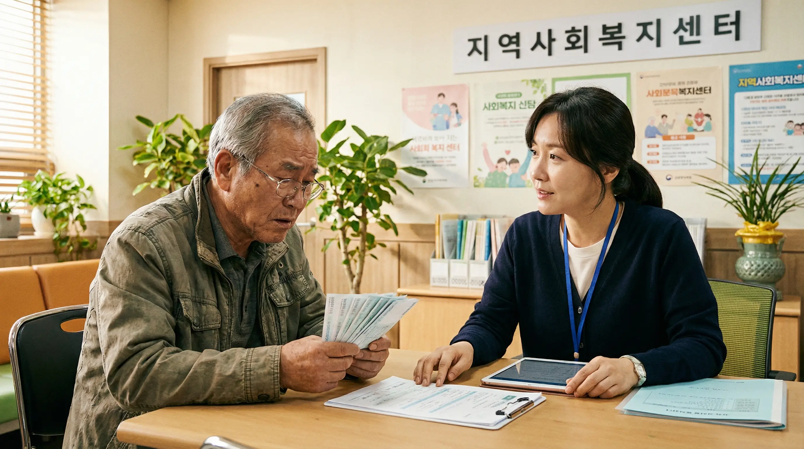 병원비 영수증을 보고 걱정하는 노인과 이를 상담해 주는 복지 센터 직원의 모습