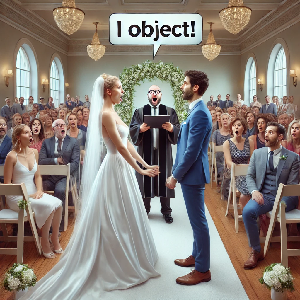 주례자가 갑자기 &ldquo;이 결혼을 반대합니다!&rdquo;라고 외치는 순간. 신랑과 신부는 충격을 받고 하객들도 당황한 표정.