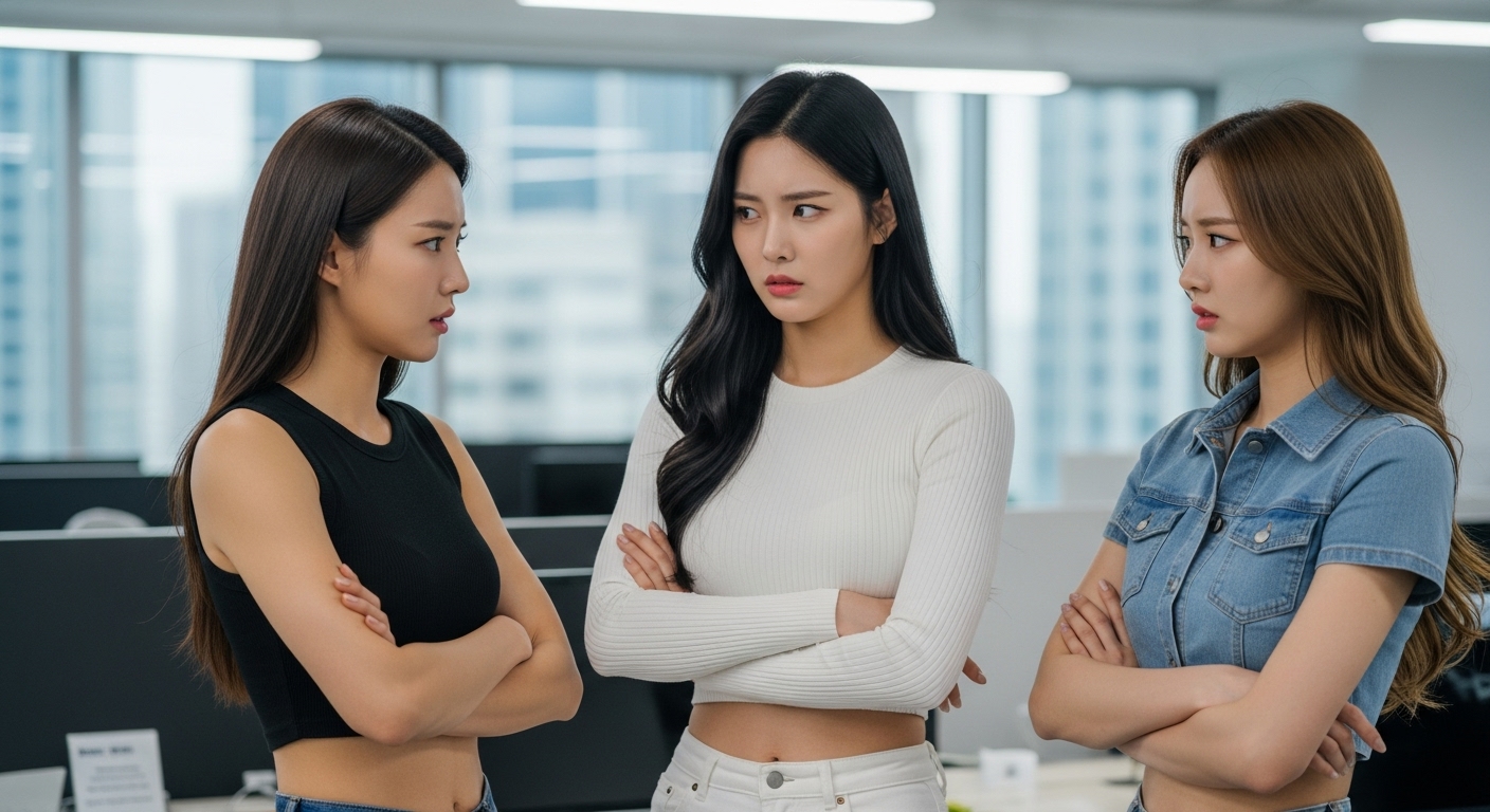 심각하게 이야기를 나누고있는 여자들.