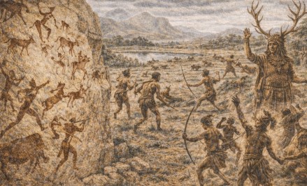 알제리 타실리 나제르 지역의 고대 암벽화에 그려진 사냥 장면과 공동체 의례를 묘사한 선사시대 생활 문화 그림