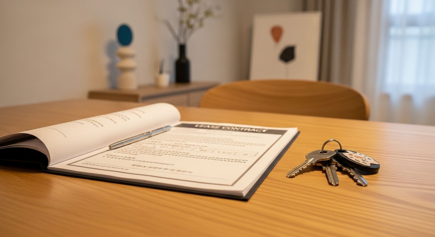 탁자 위 전세 계약서와 키, 간단한 인테리어 배경 포함