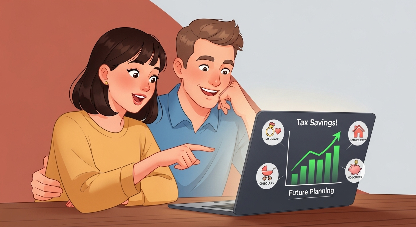 결혼 및 출산 관련 세액공제 확대를 확인하며 기뻐하는 신혼부부의 모습.