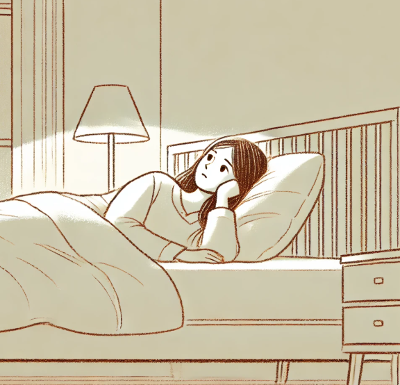 저녁 시간에 침대에 누웠지만 잠에 못 드는 여성