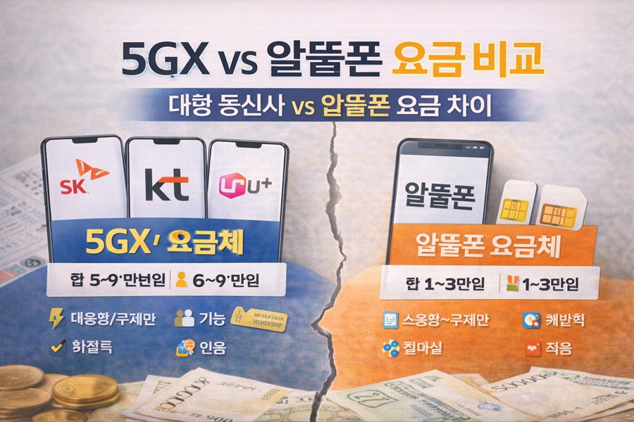 5GX 요금제와 알뜰폰 요금제를 비교해 대형 통신사와 알뜰폰의 요금 차이, 서비스 구조, 통신비 절약 포인트를 한눈에 보여주는 안내 이미지입니다.