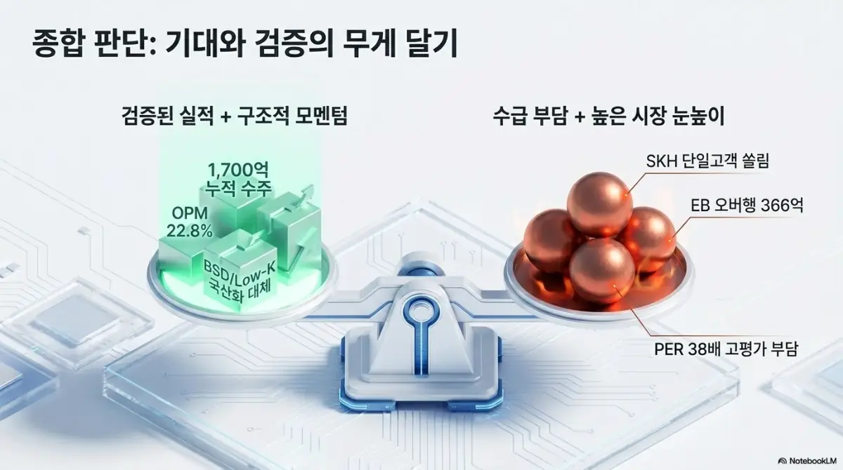 테스 주가 전망의 기대 요인과 검증된 실적을 저울로 비교한 이미지. 누적 수주 1,700억·영업이익률 22.8%·BSD 국산화 같은 검증된 동력과 SK하이닉스 단일고객 쏠림·교환사채 오버행·PER 38배 부담을 시각화해 종합 판단 포인트를 설명함