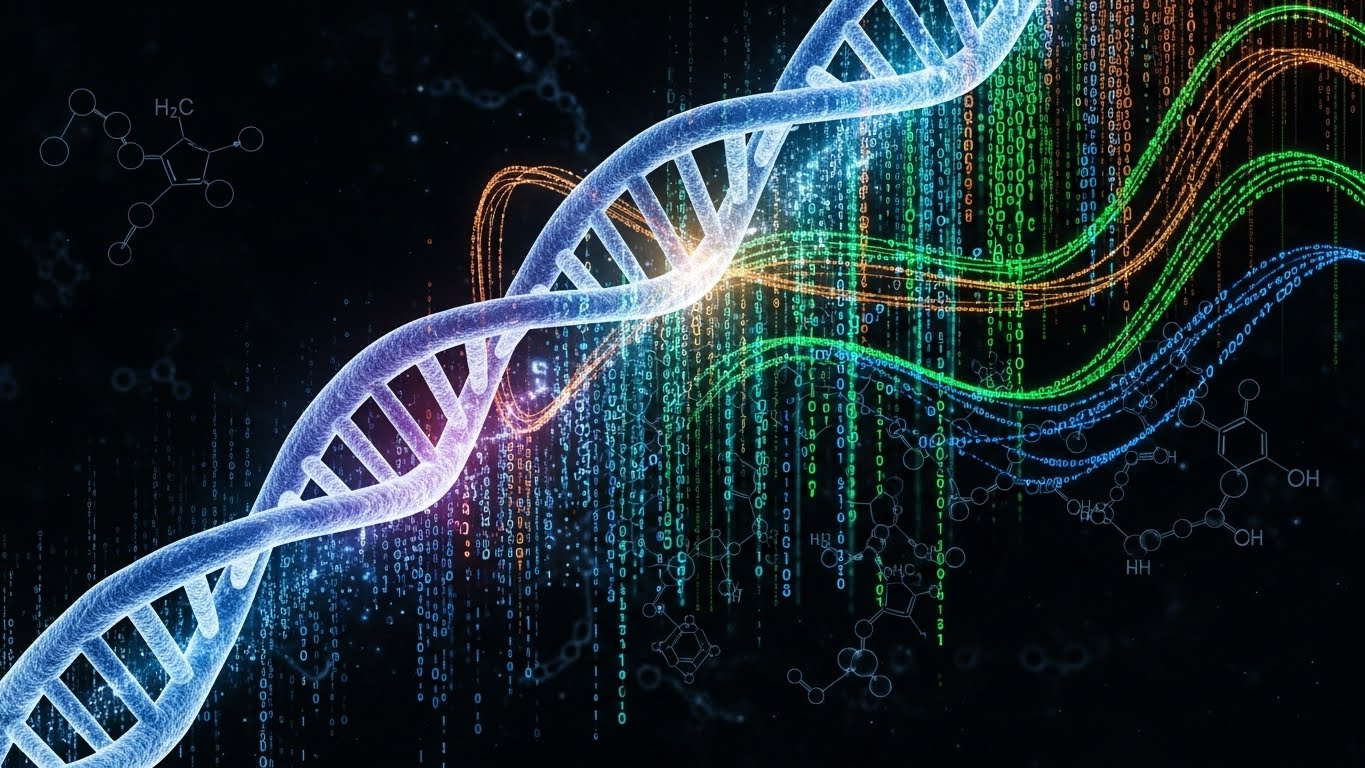 DNA double helix merging with digital code, symbolizing AI-driven drug discovery.