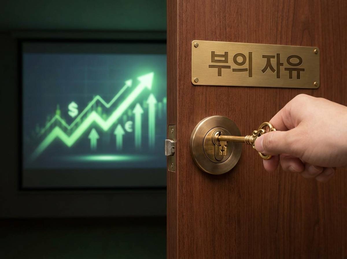 황금색 열쇠가 '부의 자유'라고 적힌 문을 여는 장면과 배경에 깔린 우상향 주식 그래프
