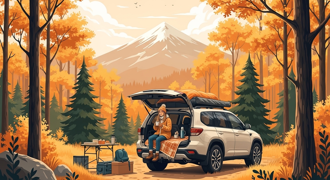 자동차 트렁크에 걸터앉아 미니멀하게 자연을 즐기는 사람