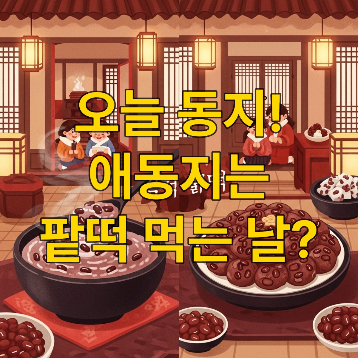 2025년 애동지 풍습에 따라 팥죽 대신 팥시루떡을 먹는 모습을 표현한 이미지. 따뜻한 팥시루떡과 팥죽이 함께 놓여 있으며, 붉은색 팥이 악귀를 쫓는다는 의미를 시각적으로 강조합니다.