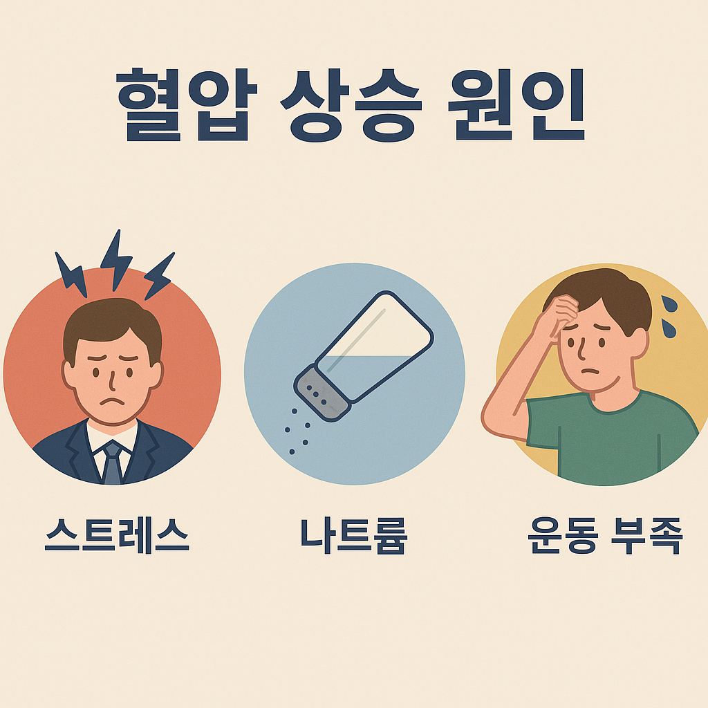 혈압 상승 원인 인포그래픽 (스트레스, 나트륨, 운동 부족 등)