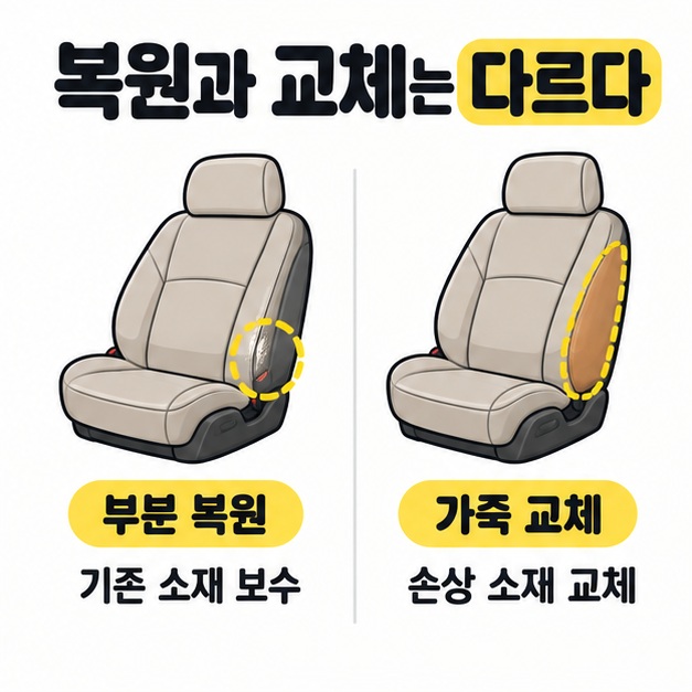 복원과 교체는 다르다라는 제목 아래 기존 소재를 보수하는 부분 복원과 옆구리 가죽 패널을 바꾸는 가죽 교체를 같은 모양의 시트 두 개로 비교한 그림