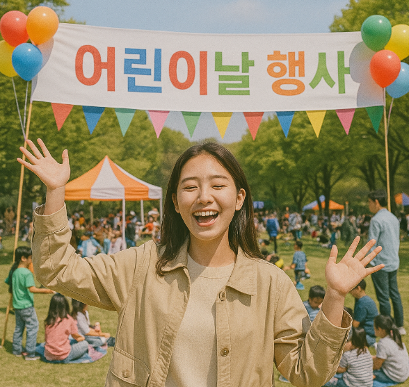 어린이날 행사장에서 즐거워하는 여성