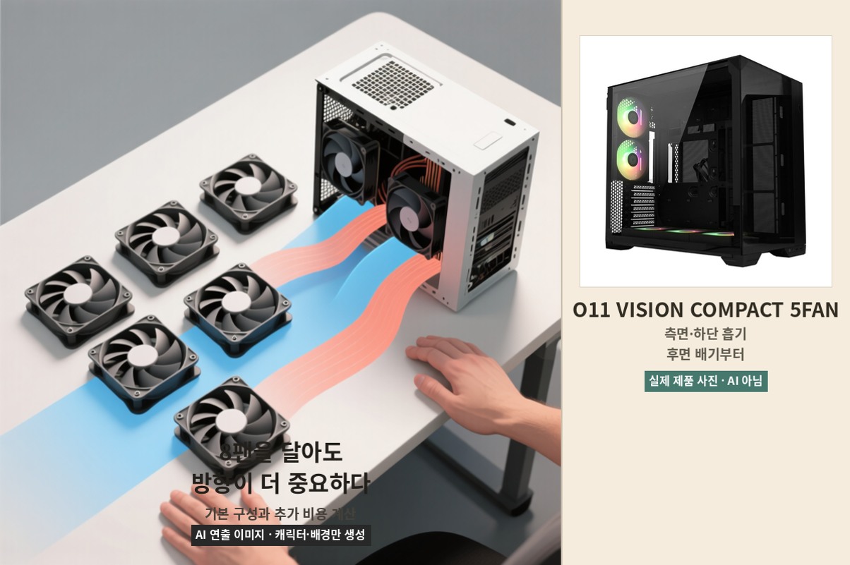 O11 Vision Compact 8팬 구성과 실제 5FAN 제품 사진 비교