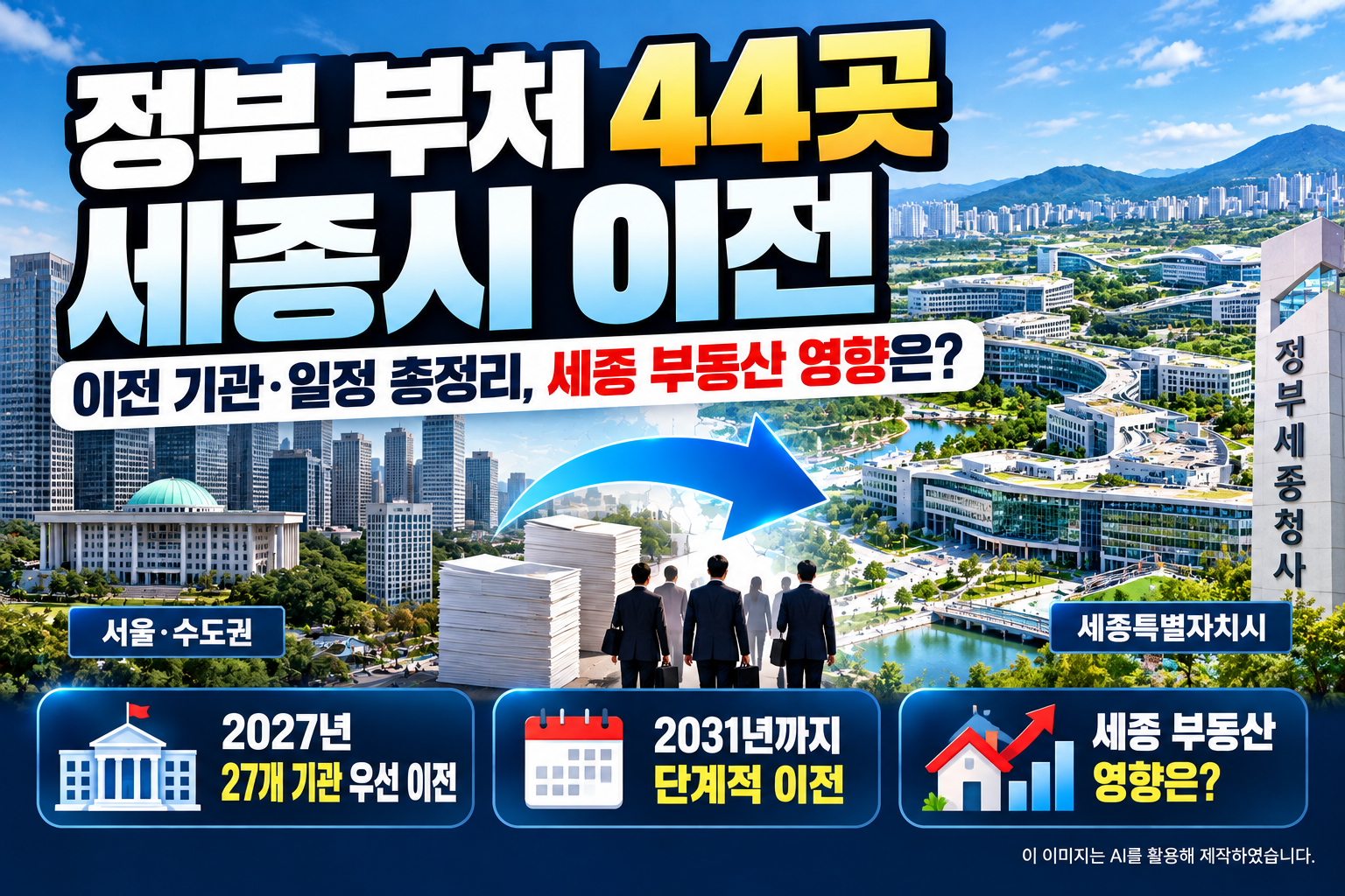 정부 부처 44곳 세종시 이전 계획에 따른 2027년 27개 기관 우선 이전, 2031년까지 단계적 이전 일정과 세종시 부동산시장에 미치는 영향을 정리한 이미지