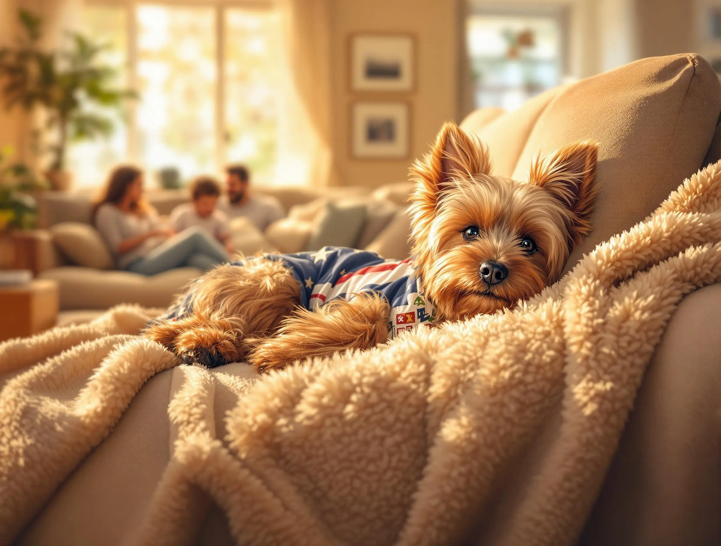 가족이 있는 따뜻한 거실에서 편안하게 쉬고 있는 요크셔 테리어