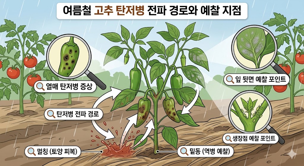 고추 탄저병균이 빗물 조각을 타고 흙에서 열매로 이동하는 과정과 잎 뒷면 예찰 포인트를 보여주는 직관적인 설명도