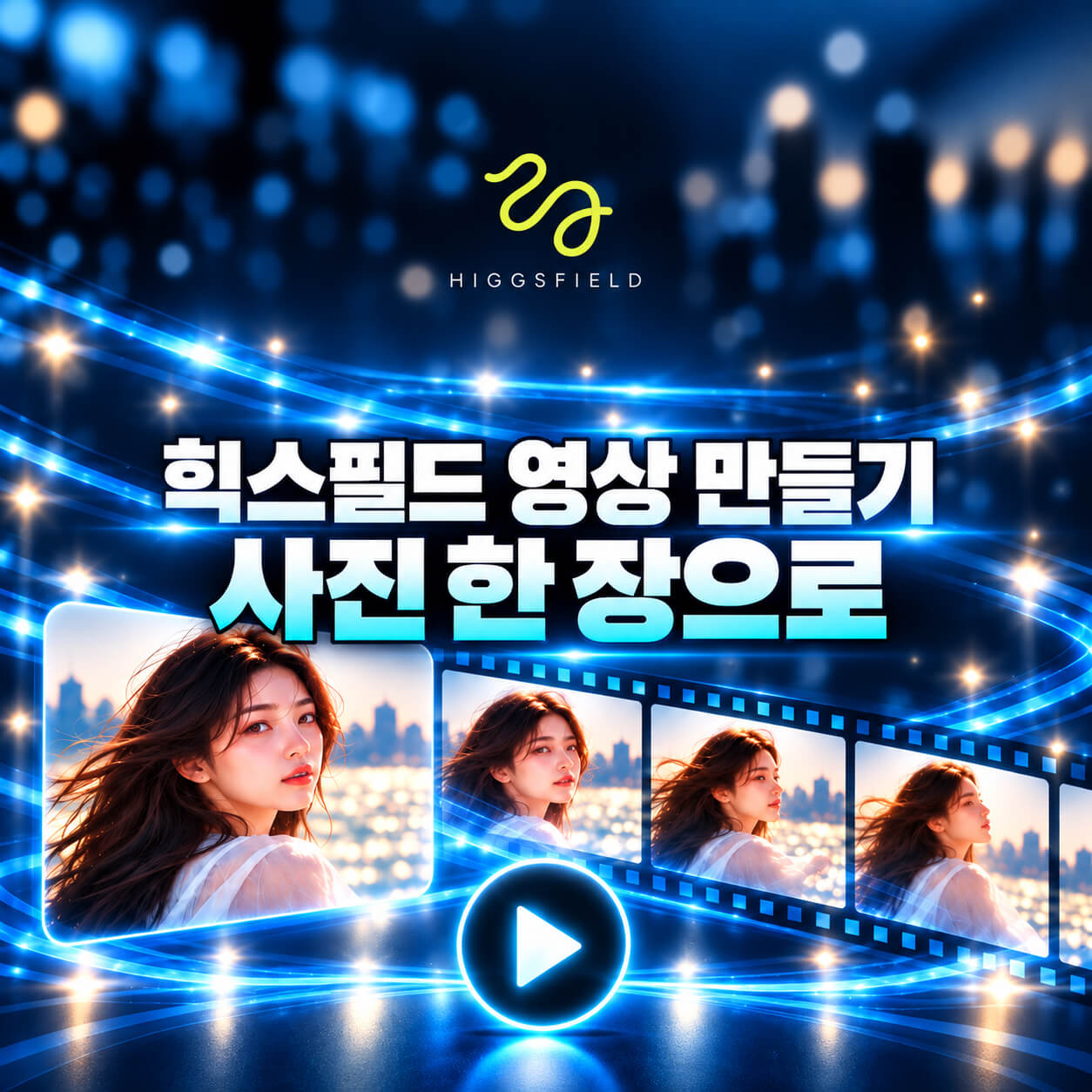 힉스필드 영상 만들기, 사진 한 장으로 AI 영상을 만드는 방법을 표현한 파란색 필름스트립과 여성 이미지