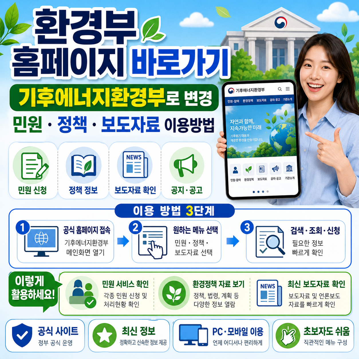 환경부 홈페이지 바로가기｜기후에너지환경부로 변경, 민원&middot;정책&middot;보도자료 이용방법