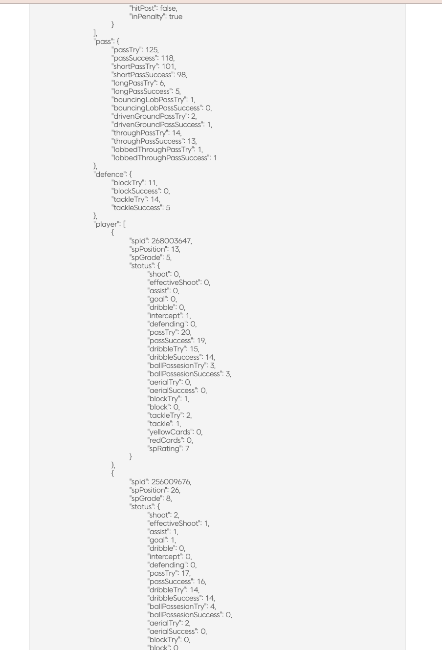 매치 ID로 요청한 상세 응답 결과 일부 화면 (2)