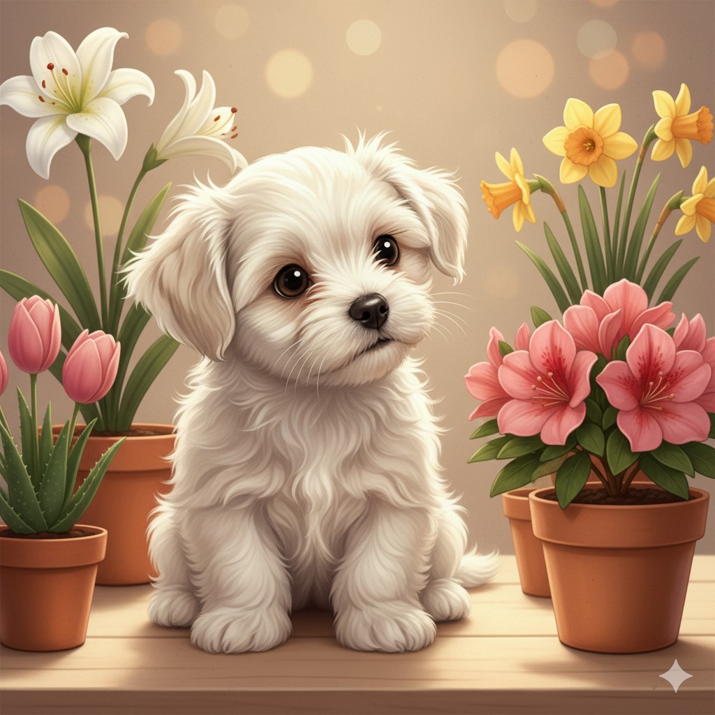 백합, 철쭉, 수선화, 튤립, 알로에 등 강아지에게 위험한 식물들 주변을 탐색하는 화이트 말티즈 강아지