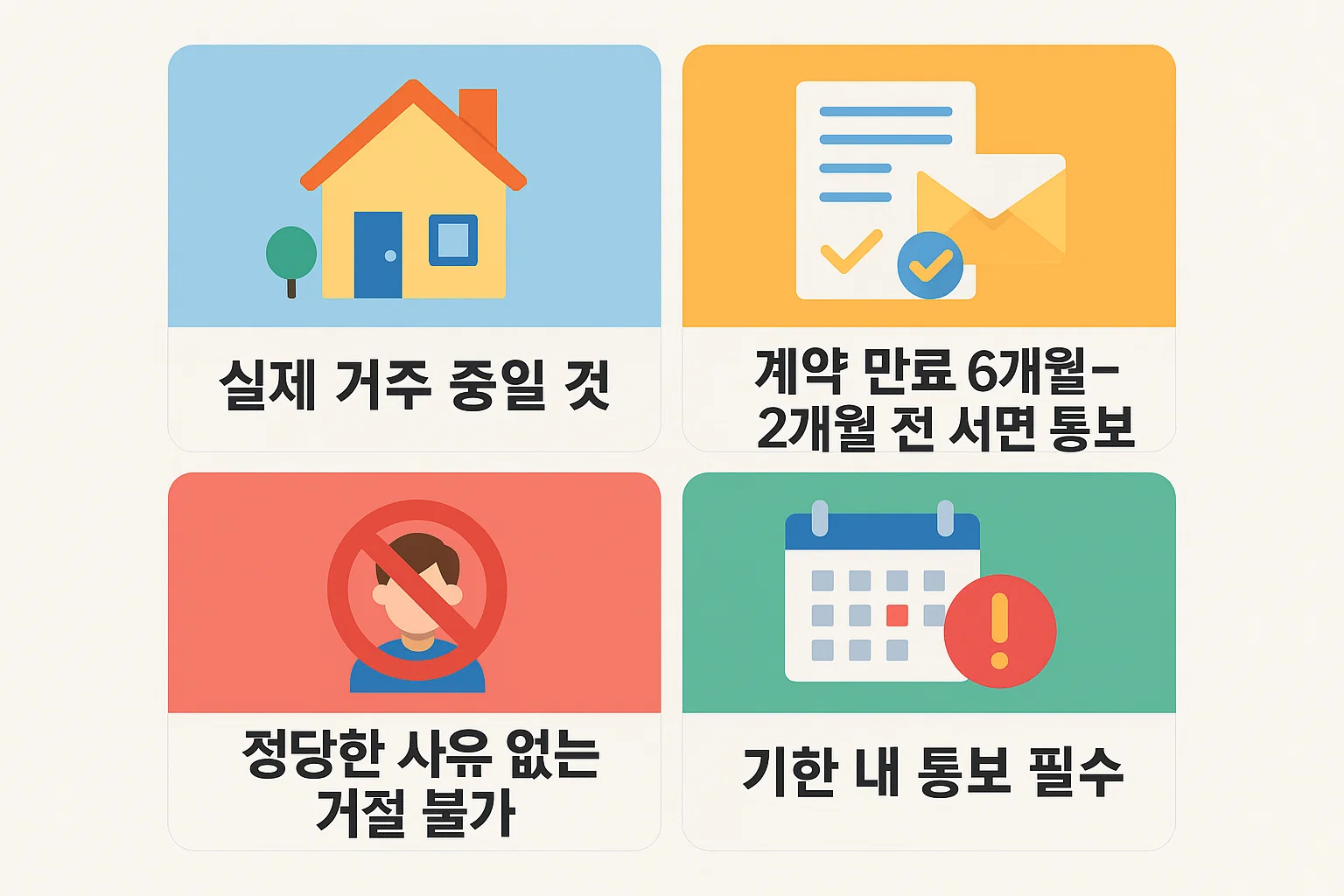 실제 거주 요건, 통보 기간(계약 만료 6개월~2개월 전), 정당한 사유 없는 거절 불가 등 핵심 조건을 한눈에 볼 수 있는 체크리스트형 인포그래픽.
