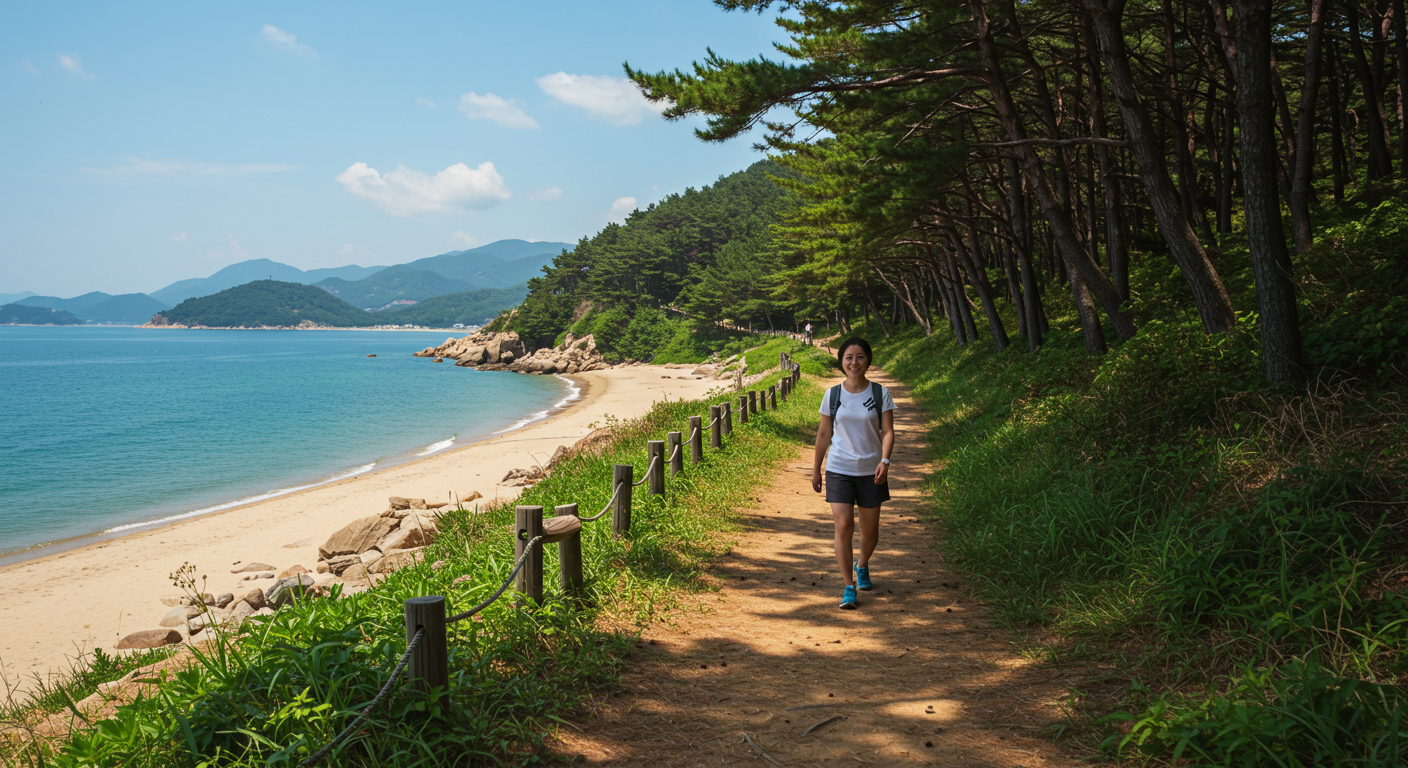 강원도에서 바다, 숲, 호수를 아우르는 트래킹 코스를 걷는 한국인