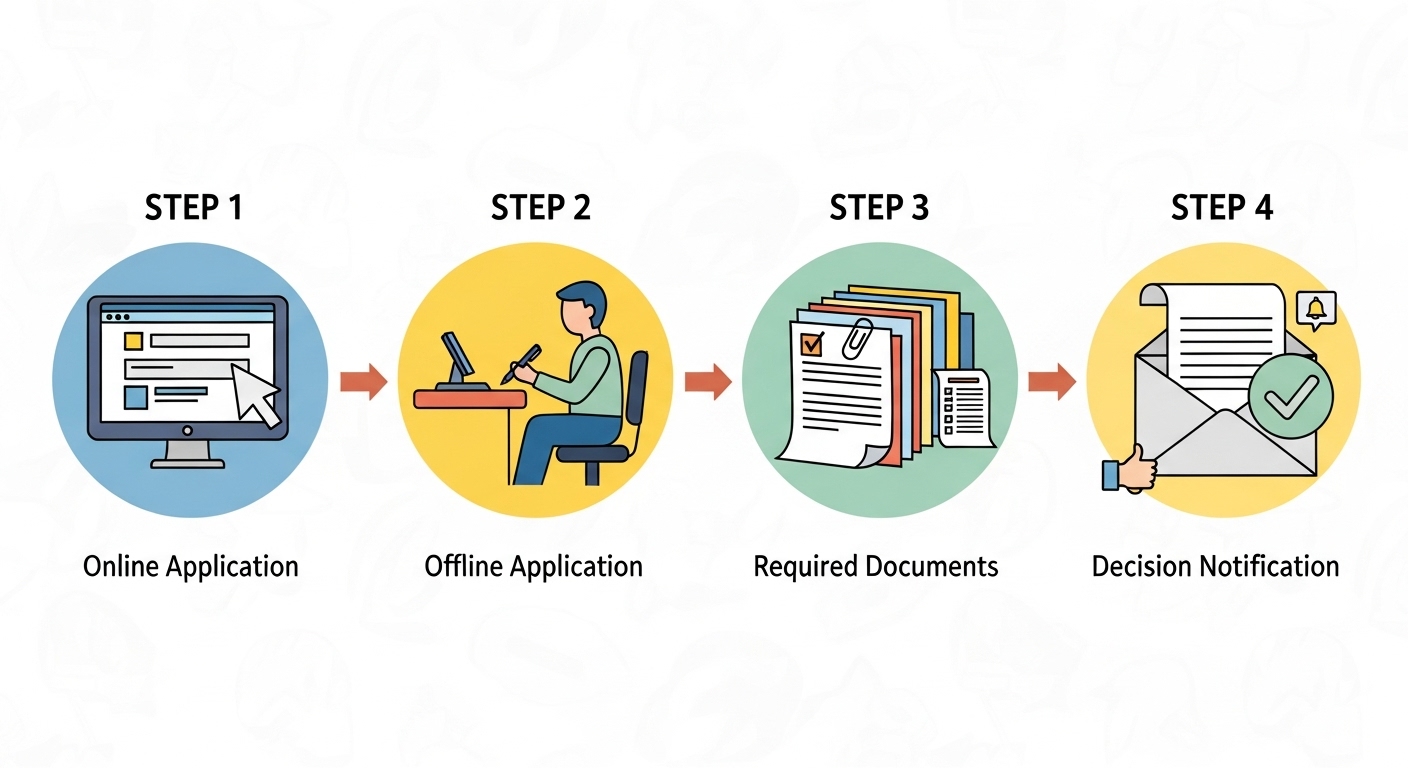 생계급여 온라인 및 오프라인 신청 절차와 필요 서류를 나타내는 아이콘 기반 흐름도.