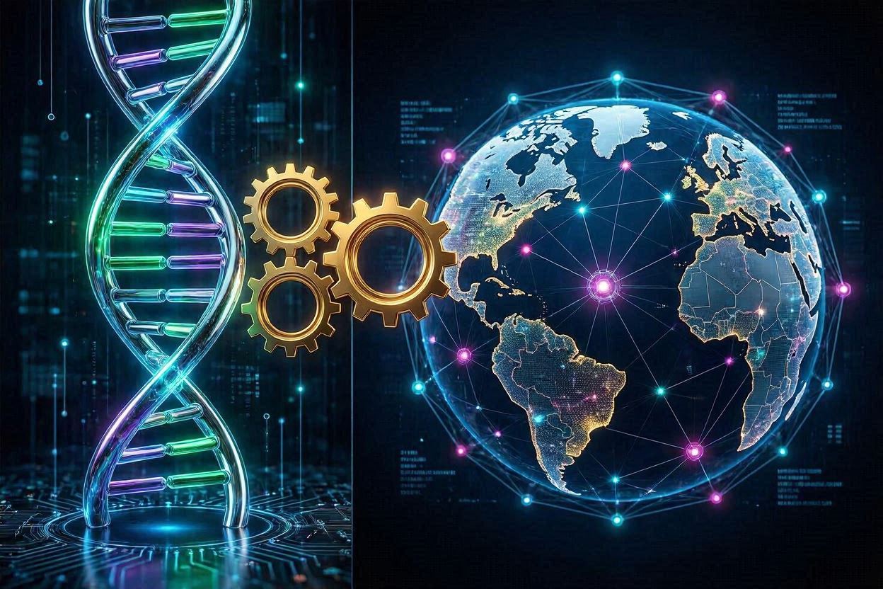A high-tech 3D split-screen conceptual illustration. On the left, a glowing DNA double helix representing biotechnology. On the right, a global financial network with digital nodes connecting continents, representing cryptocurrency. The two sides are connected by glowing golden gears. Cinematic lighting, photorealistic, 8k resolution.