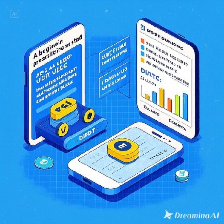 초보자가 스마트폰으로 USDT, USDC, DAI 등 스테이블코인을 거래소에서 구매하고, DeFi 플랫폼에 예치·스테이킹하는 모습. 한쪽에는 담보형·알고리즘형 구조 다이어그램, 다른 한쪽에는 이자 수익률 그래프와 리스크 체크리스트가 함께 있는 밝고 신뢰감 있는 일러스트.