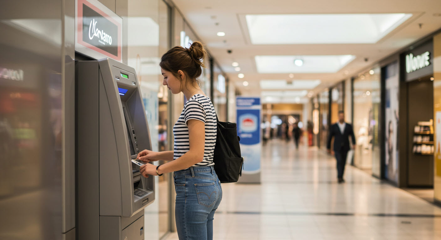 여학생이 ATM 기에서 현금을 인출하기위해 서있다