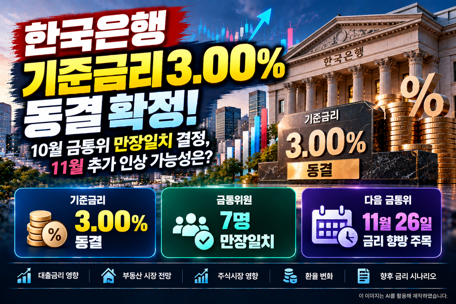 2026년 10월 22일 한국은행 금융통화위원회가 기준금리를 연 3.00%로 만장일치 동결한 결정과 11월 26일 추가 금리 인상 가능성, 대출금리·부동산·주식시장·환율에 미치는 영향을 정리한 대표 이미지.