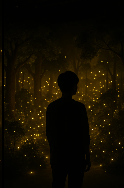 실내에 조명으로 연출된 반딧불이 숲 풍경