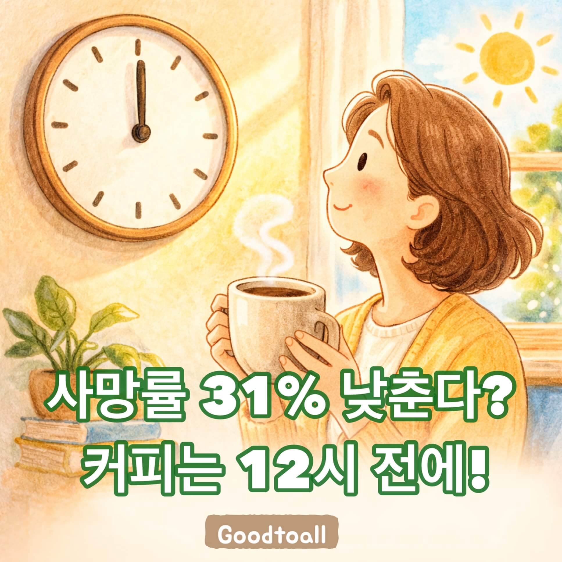12시 이전 커피 타이밍을 생각하며 시계를 바라보는 사람의 일러스트