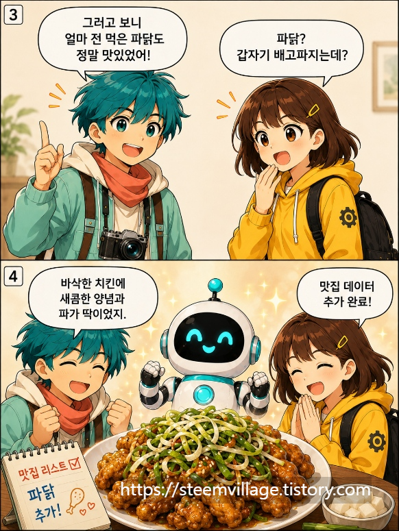 스티미가 파닭 이야기를 꺼내고 세 친구가 바삭한 치킨과 파채를 상상하는 장면