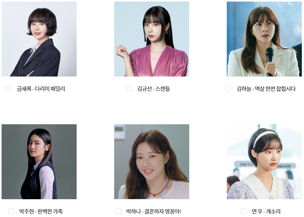 2024 KBS 연기대상 여자 인기상 후보, 금새록 - 다리미 패밀리, 김규선 - 스캔들, 김하늘 - 멱살 한번 잡힙시다, 박주현 - 완벽한 가족, 박하나 - 결혼하자 맹꽁아!, 연우 - 개소리