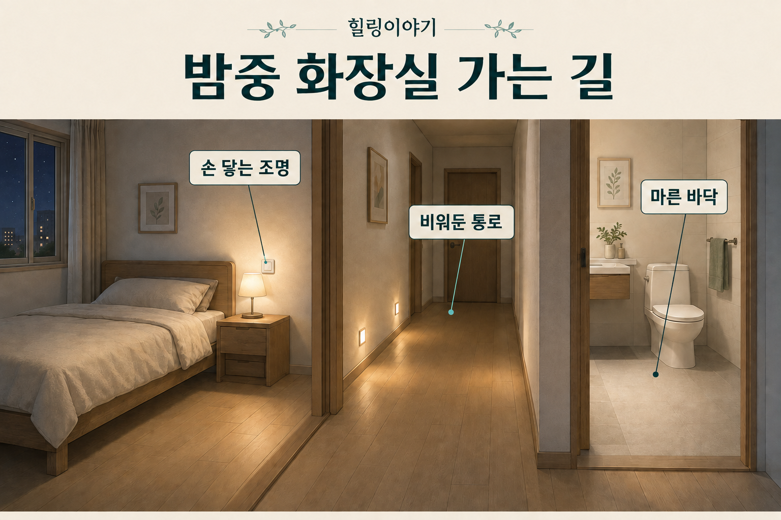 밤중 화장실 이동을 위한 야간등과 장애물 없는 통로 배치