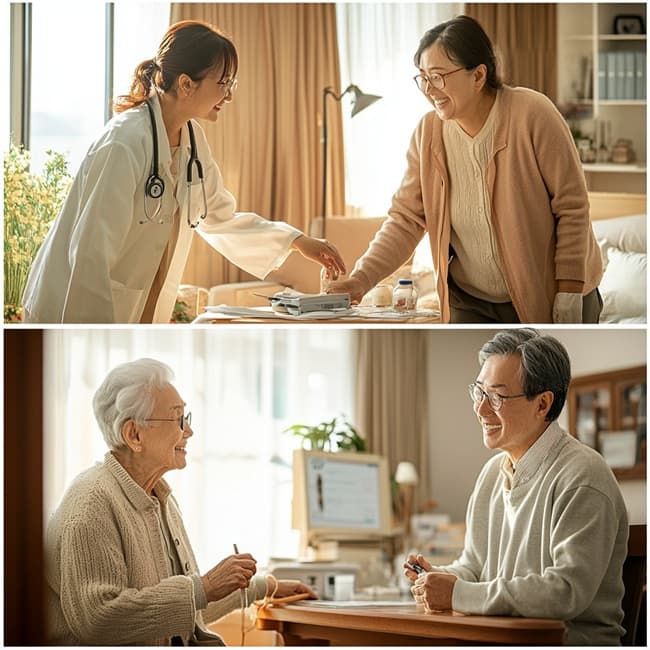 노인 복지 서비스를 받고 편안한 미소를 짓는 한국 노부부