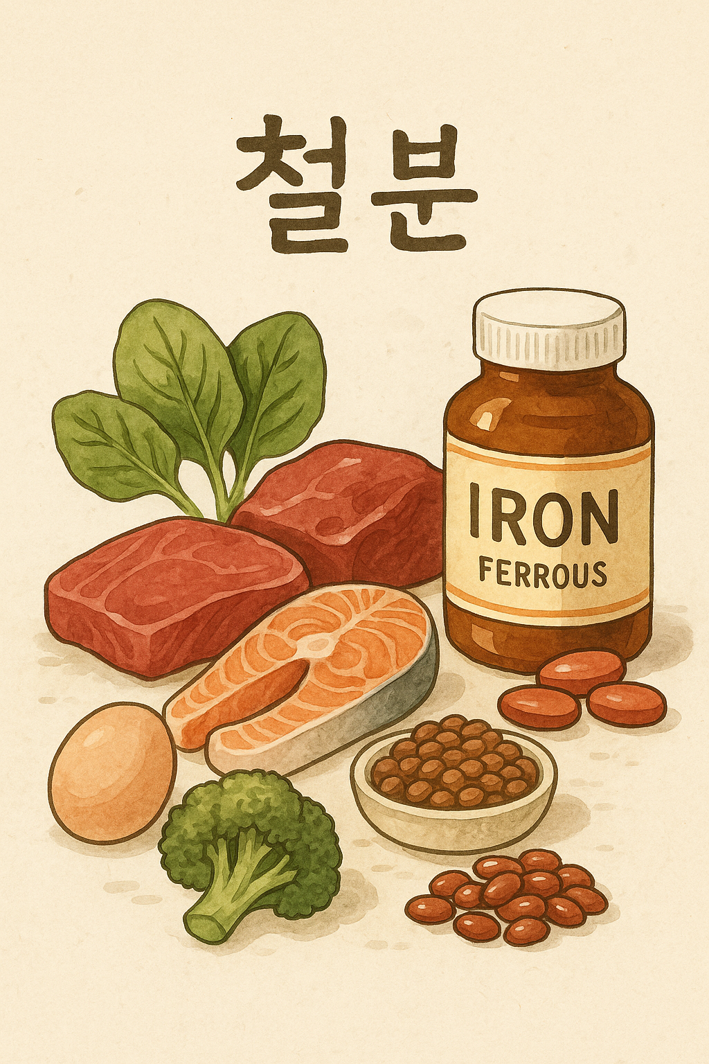 철분이 풍부한 식품으로 시금치, 붉은 육류, 연어, 달걀, 브로콜리, 렌틸콩이 있다.